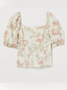 H&M Linen Blend Floral Square-Neck Puff Sleeve Blouse
